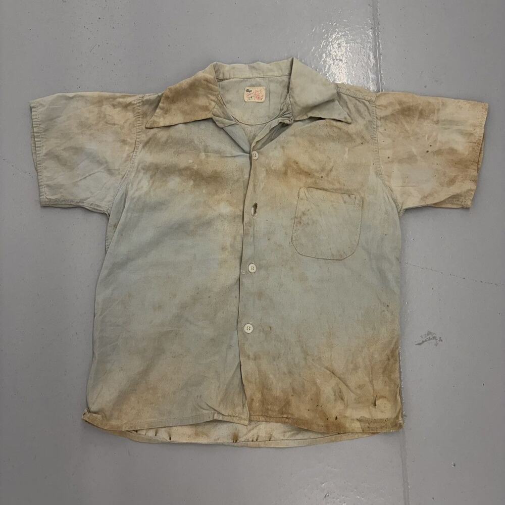 Vintage 50s Sport Shirt Blue Distressed Cotton Loop Collar